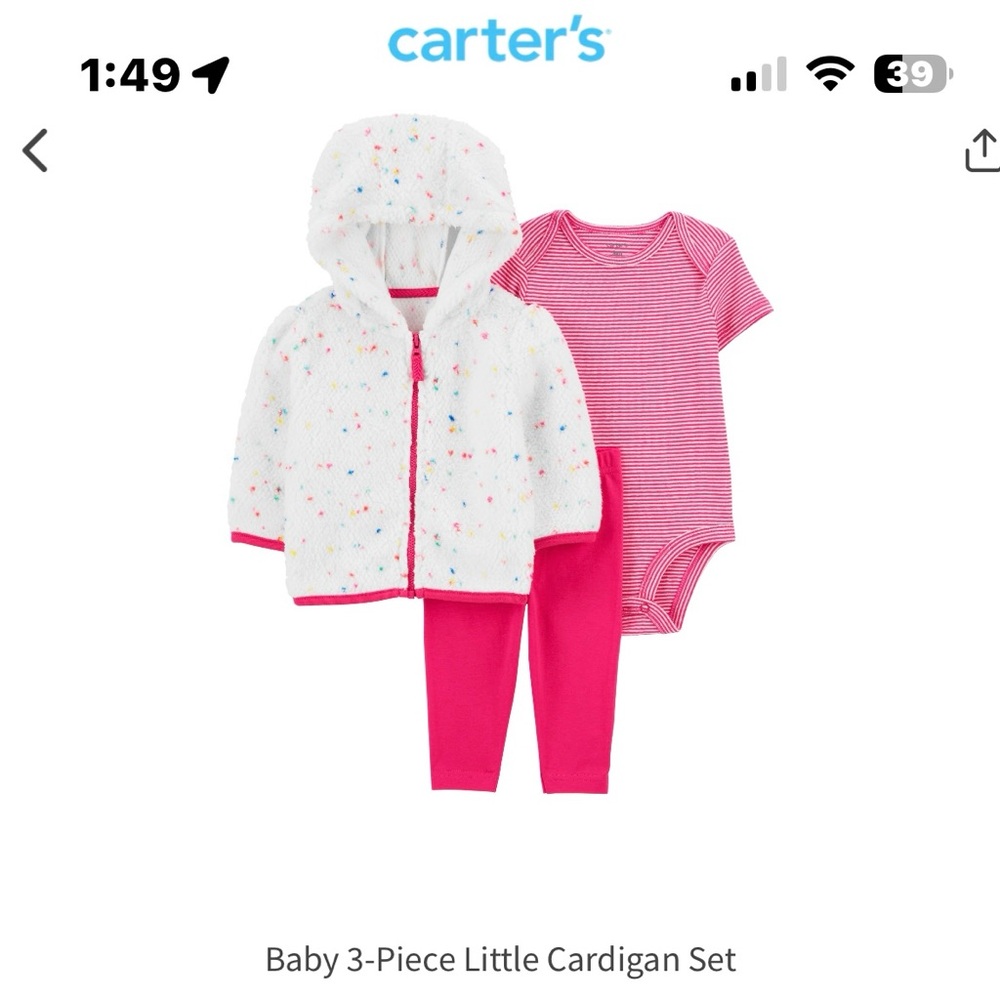 Carters baby three piece outfit cardigan set
